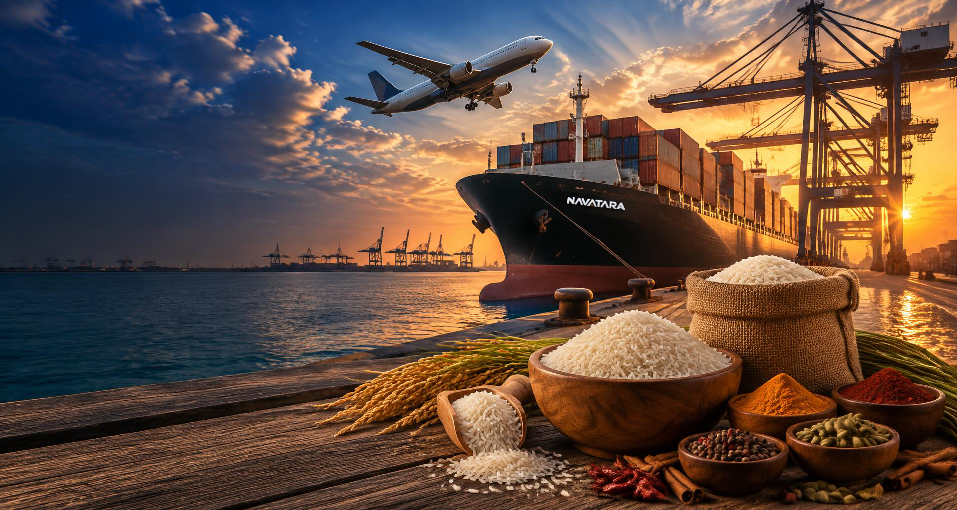 Container ship, cargo plane and Indian rice and spices at port