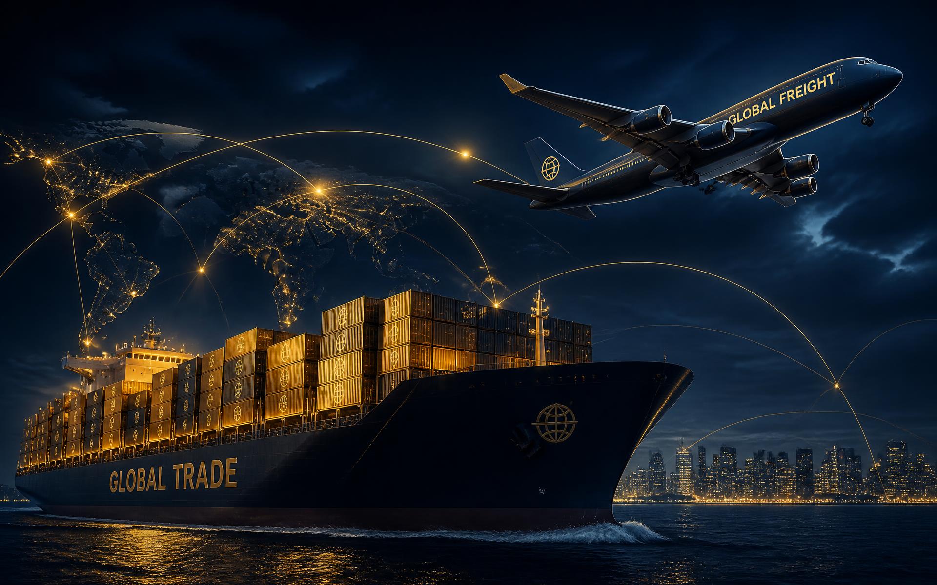 Container vessel and cargo aircraft on global trade routes at night